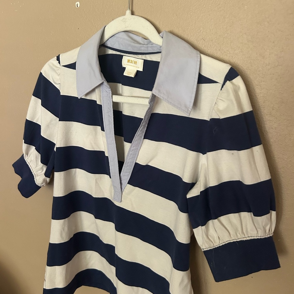 Mauve Navy and White striped shirt with light blue collar.